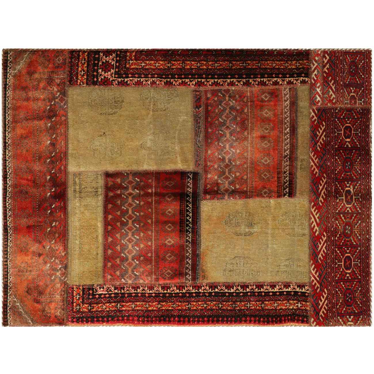 Vintage Persian Hand-Knotted Patchwork Carpet Geometric Red