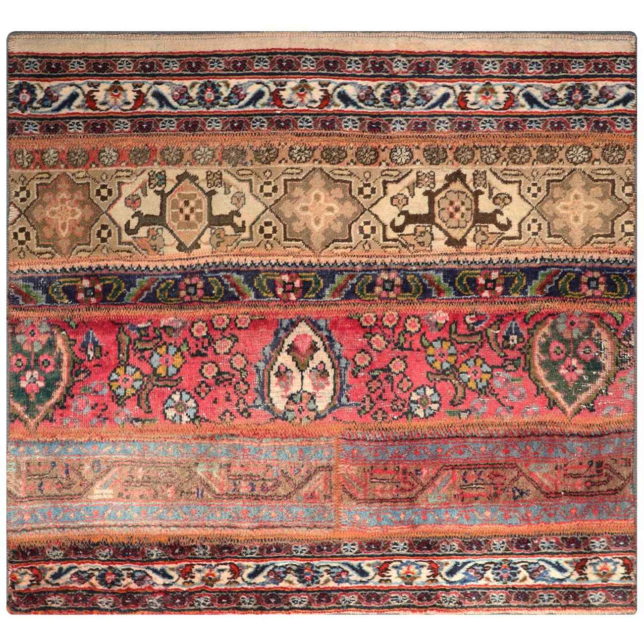 Vintage Persian Hand-Knotted Patchwork Carpet Striped