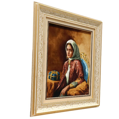 Hand-Knotted Persian Pictorial Rug from Tabriz Depicting Qajar Woman