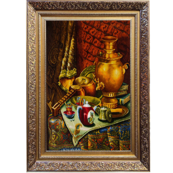 Hand-Knotted Persian Pictorial Rug from Tabriz Depicting Samovar & Tea