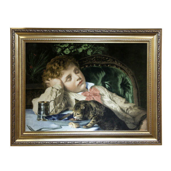 Hand-Knotted Persian Pictorial Rug from Tabriz Depicting Sleepy Boy & Cat