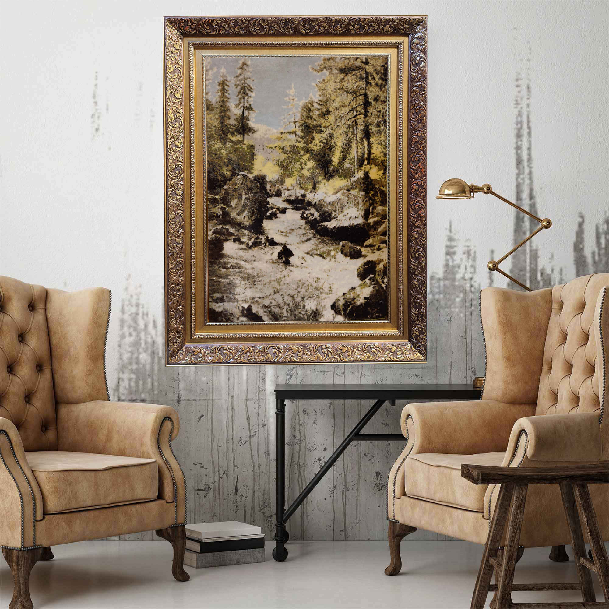 Hand-Knotted Persian Pictorial Rug from Tabriz Depicting Snowmelt River