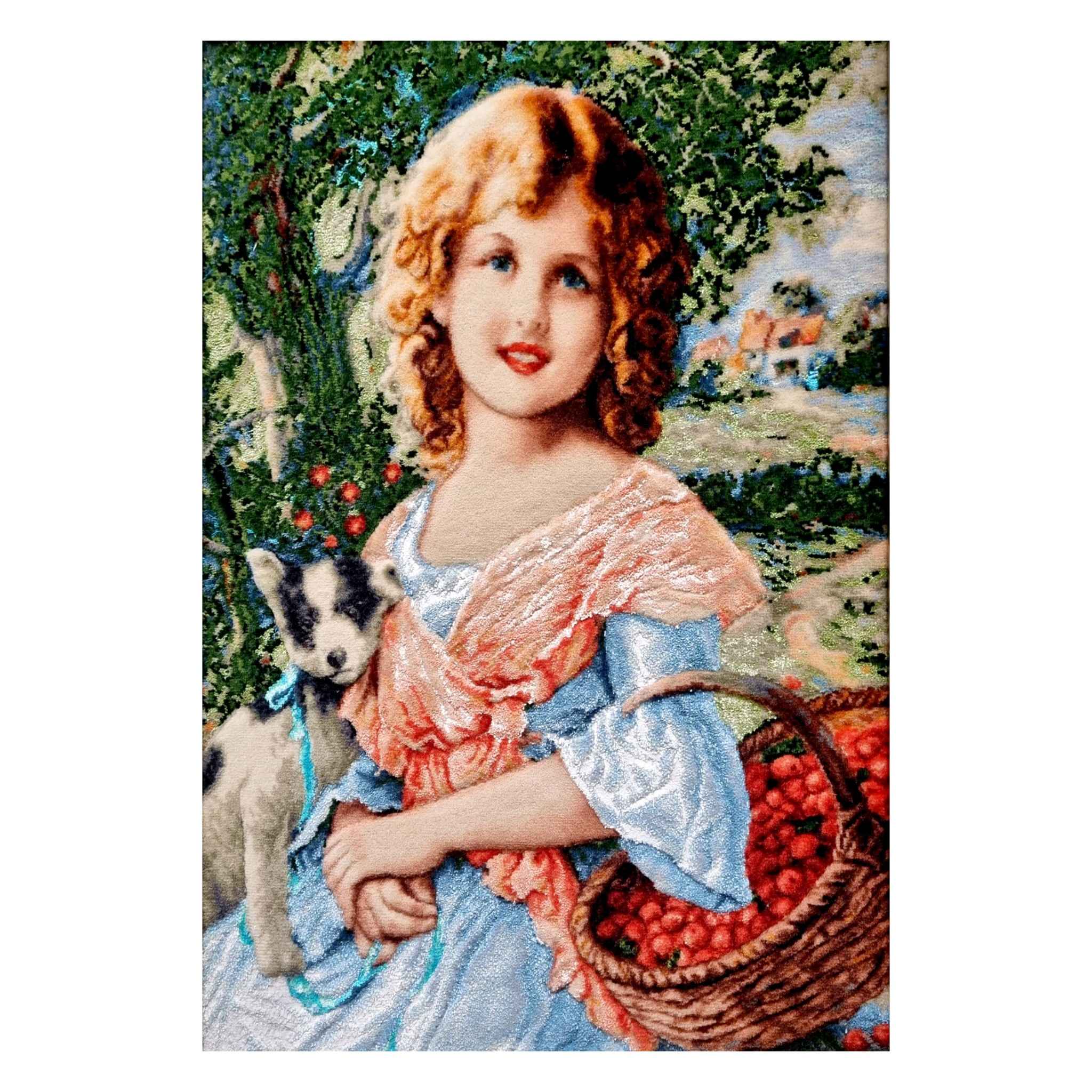 Hand-Knotted Persian Pictorial Rug from Tabriz Depicting Girl & Dog