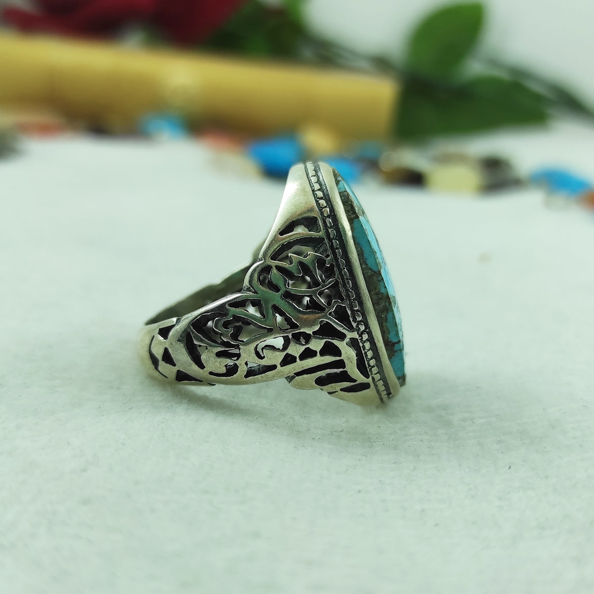 Persian Silver Ring with Neyshabur Turquoise Stone for Men