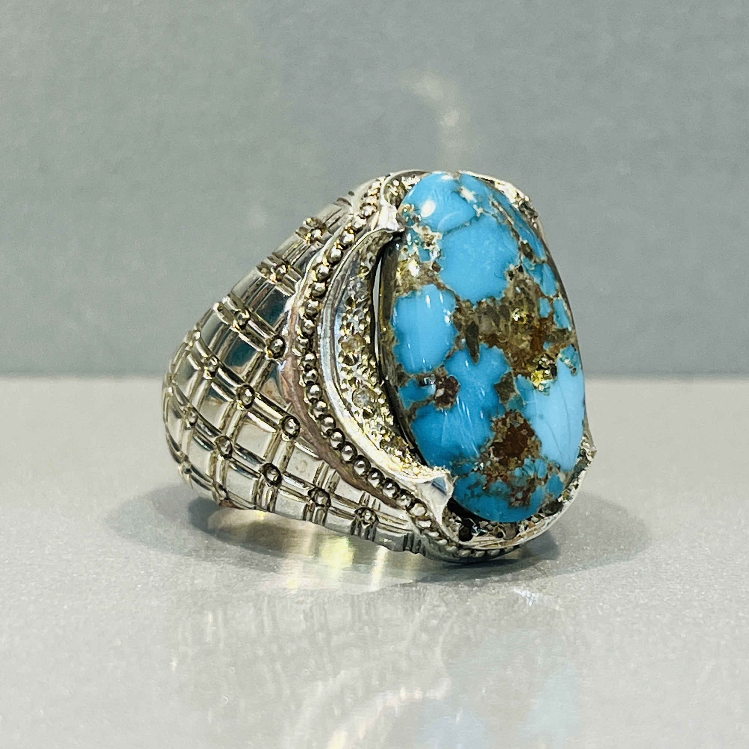Persian Neyshabur Turquoise Silver Ring Handcrafted for Men