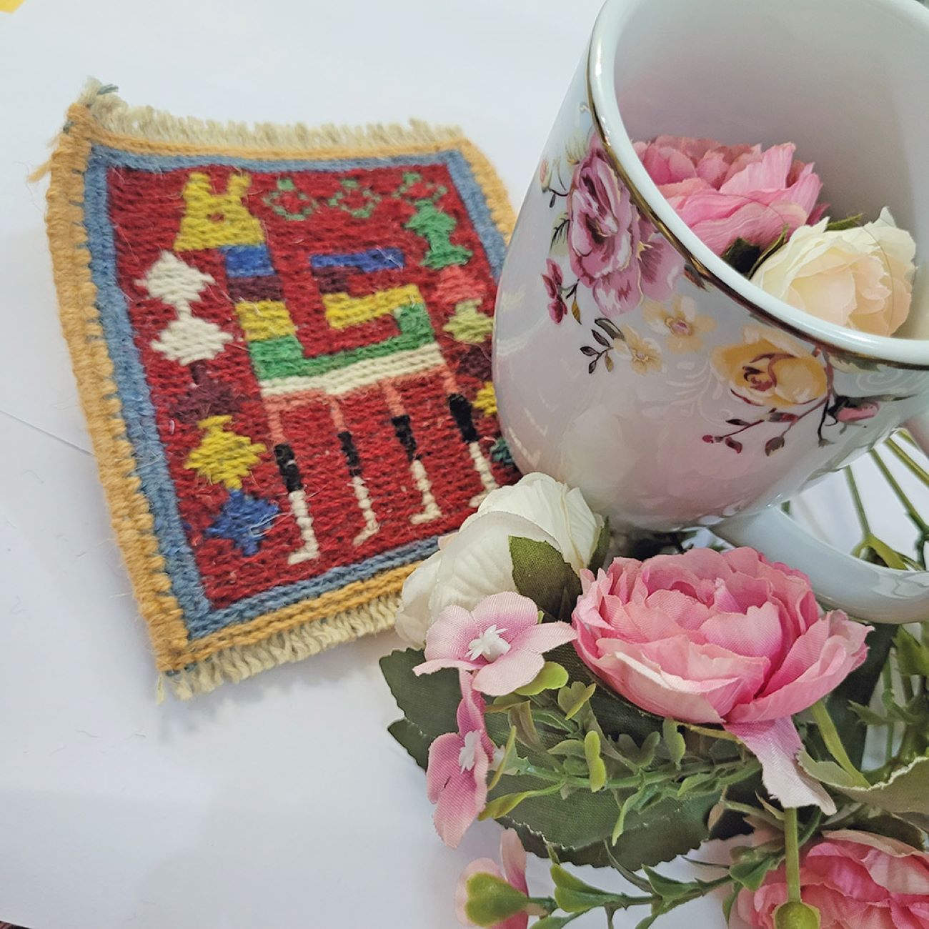 Handwoven Persian Kilim Coaster with Deer Design