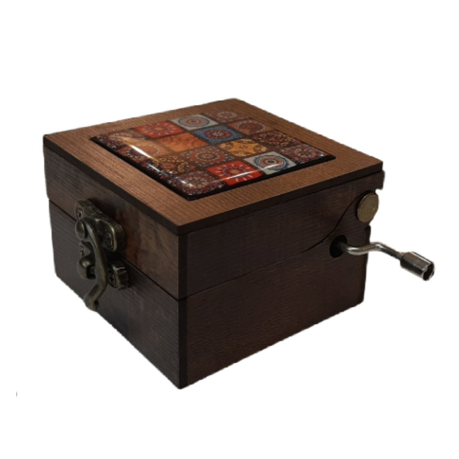 Wooden Musical Box With Traditional Pattern & Mirror Inside