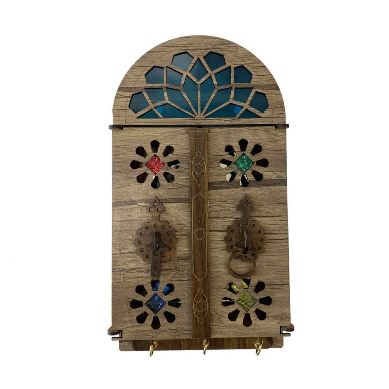 Handcrafted Persian Wooden Wall Key Holder with Traditional Style Colorful House Door Design