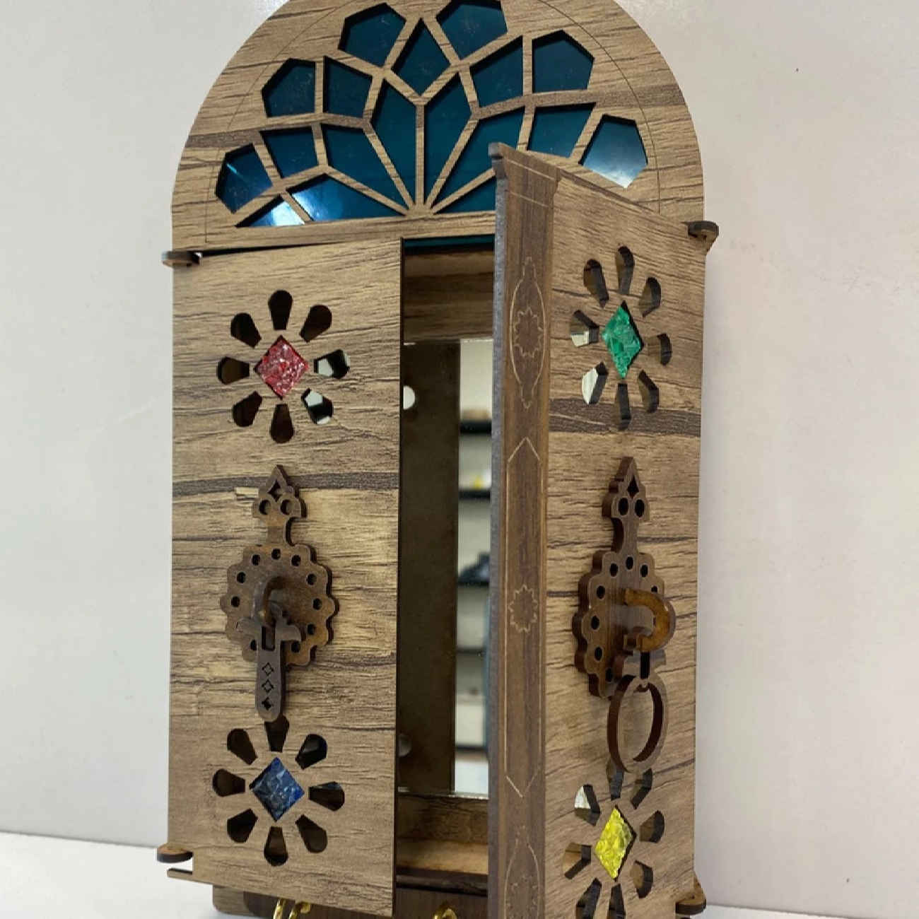 Handcrafted Persian Wooden Wall Key Holder with Traditional Style Colorful House Door Design