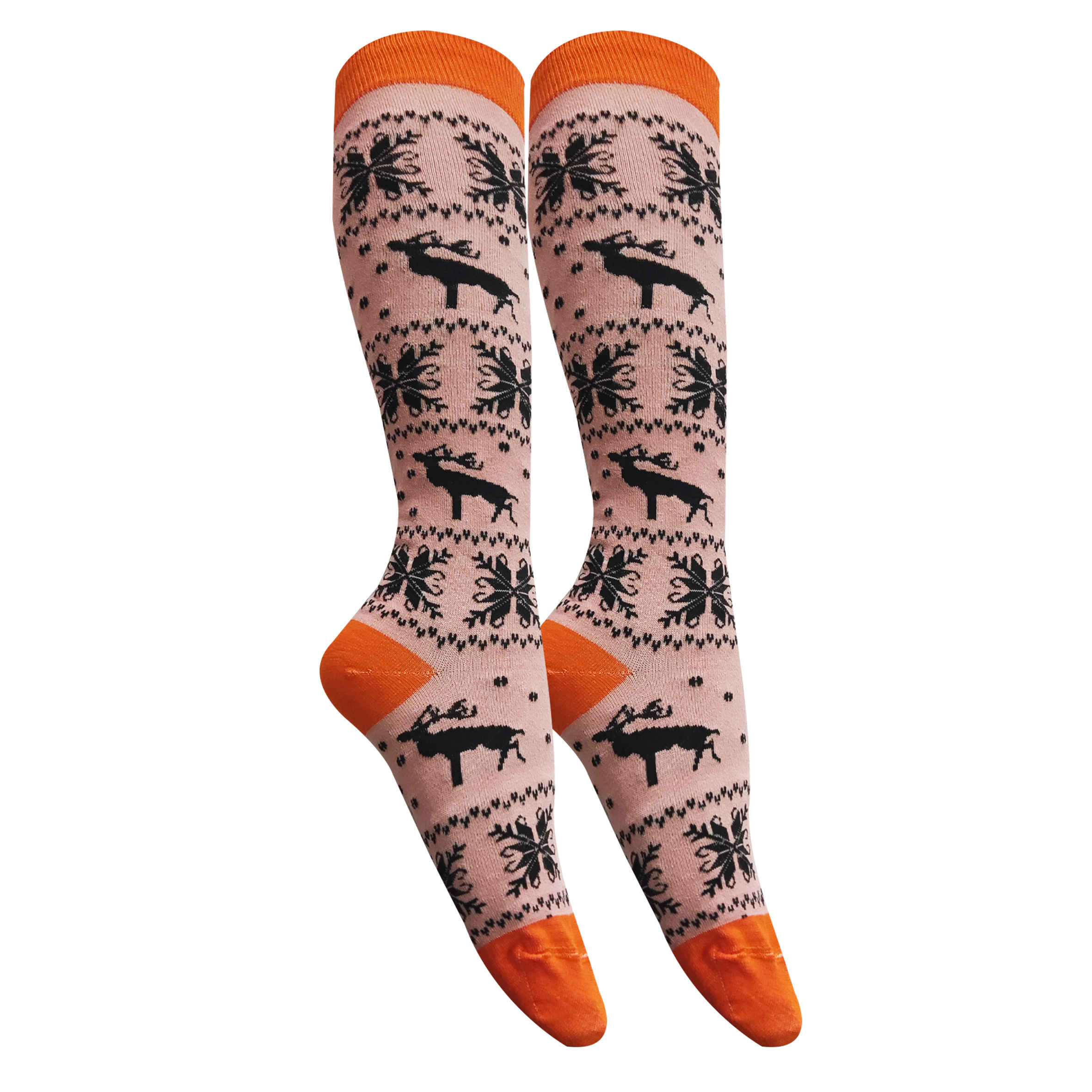 Knee High Socks for Women Orange with Deer Design