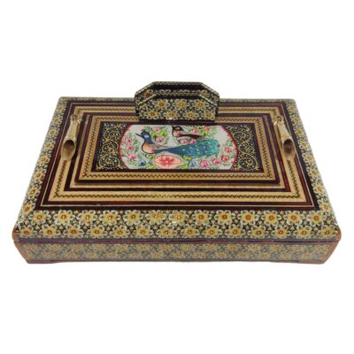 Handcrafted Persian Wooden Pen Holder for Desk – Elegance Khatamkari Art, Peacock Design