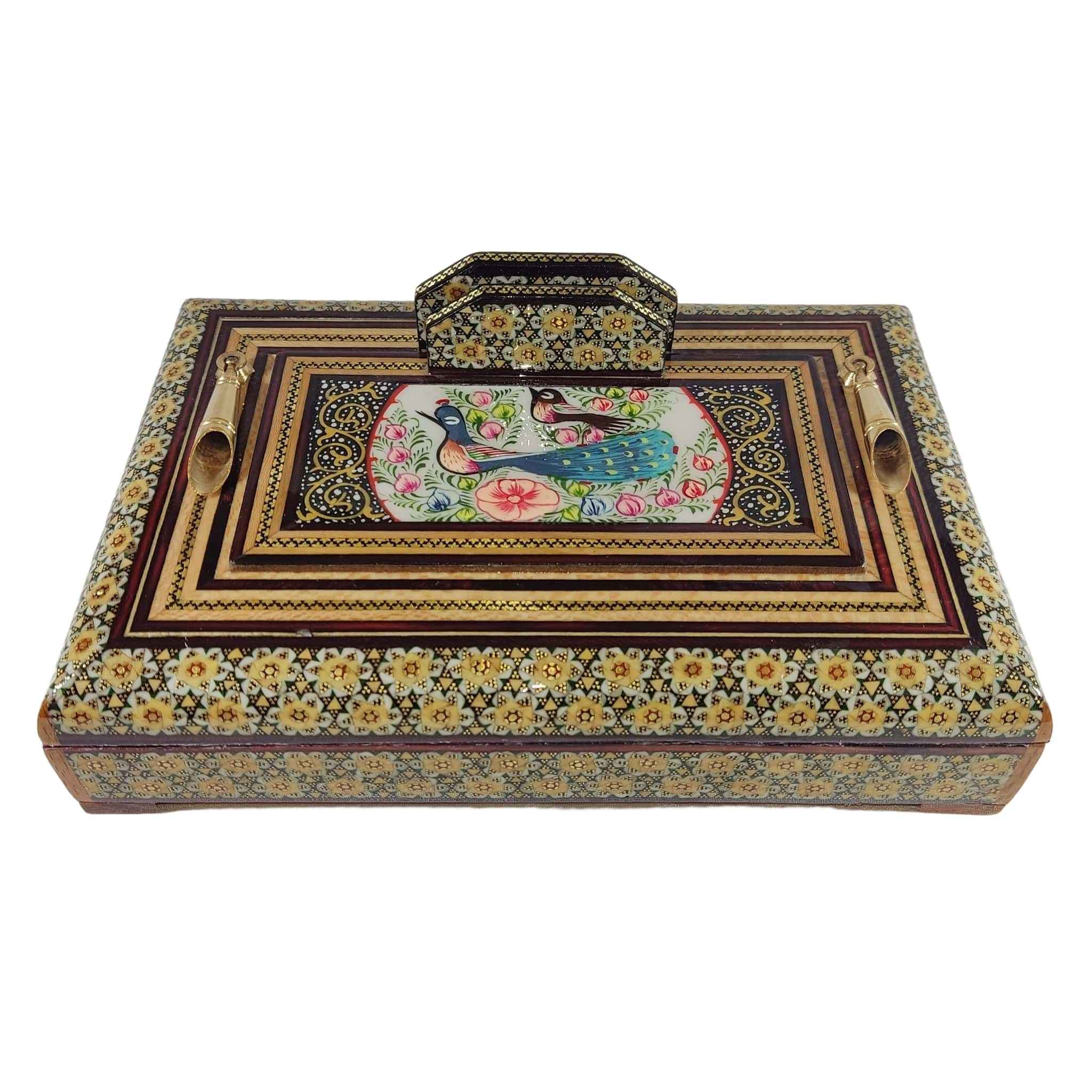 Handcrafted Persian Wooden Pen Holder for Desk - Elegance Khatamkari Art, Peacock Design