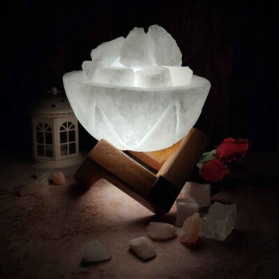 Persian Bowl Salt Lamp – Natural Rock Salt Chunks & Wooden Base