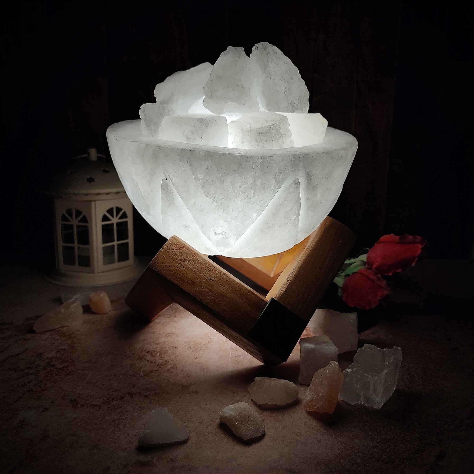 Persian Bowl Salt Lamp – Natural Rock Salt Chunks & Wooden Base