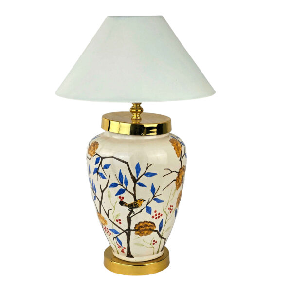 Ceramic Vase Table Lamp Handcrafted Oriental Style with Birds & Flowers Design