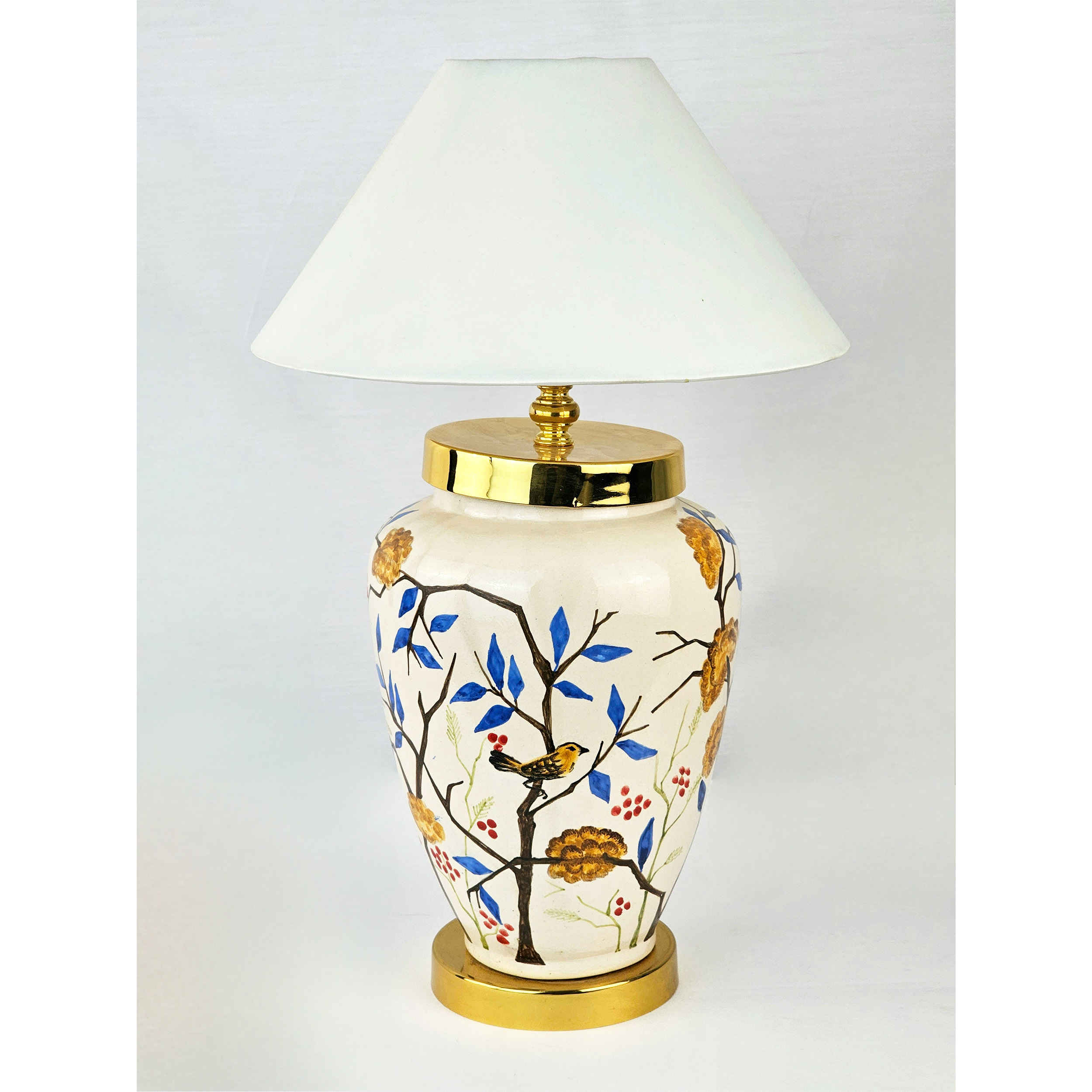 Ceramic Vase Table Lamp Handcrafted Oriental Style with Birds & Flowers Design