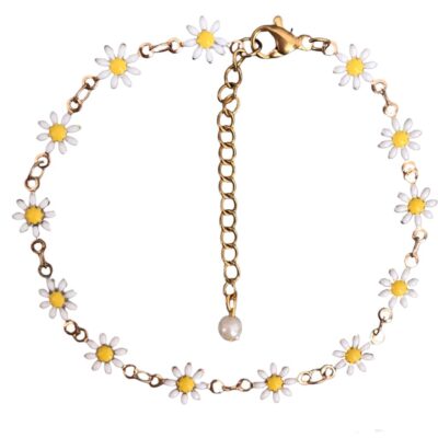 Chain Ankle Bracelet with White Sun Flower Design