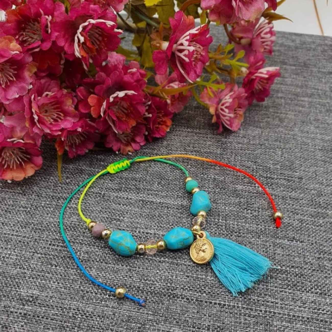 Cotton Anklet for Women with Gemstone Model Flower