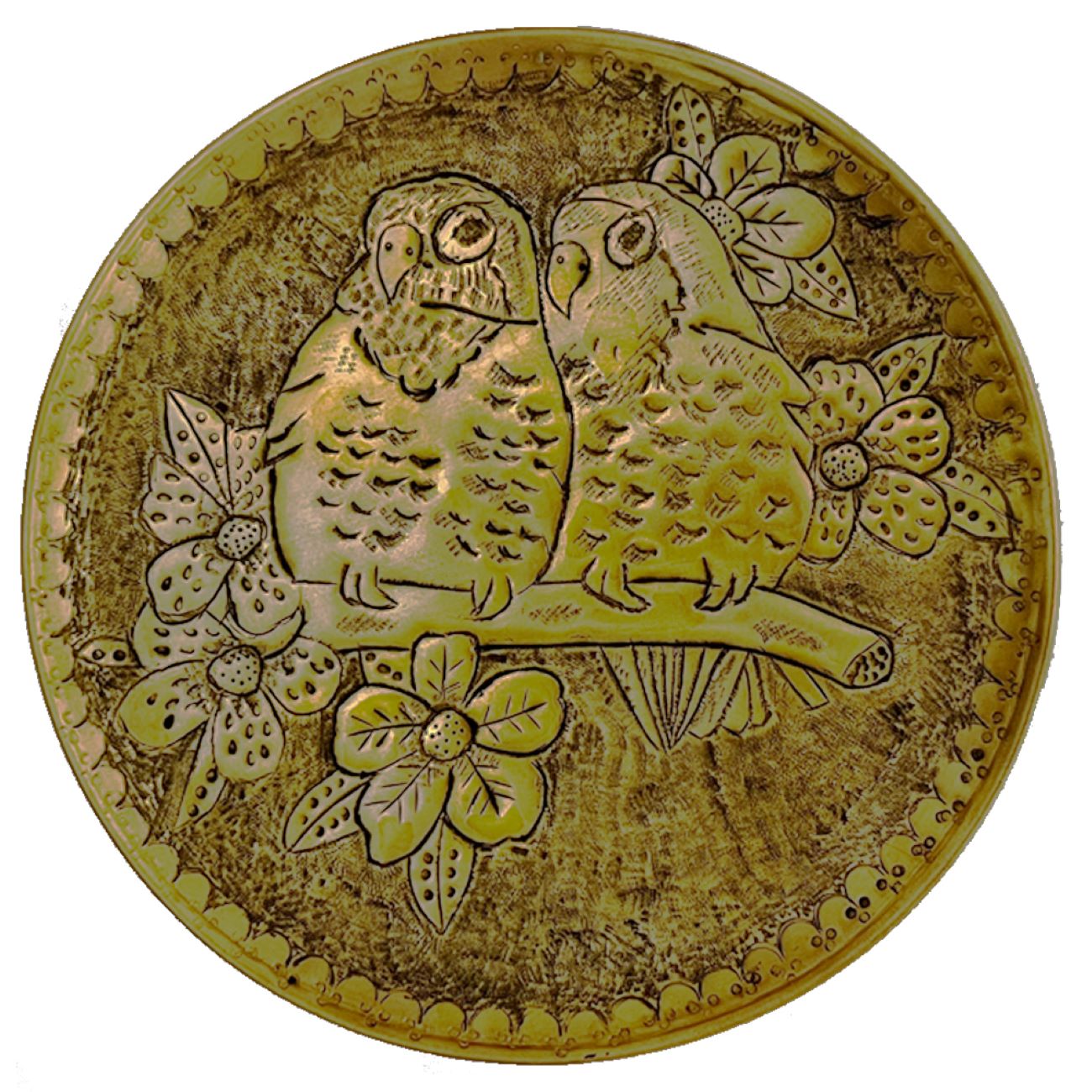 Decorative Brass Tray Hand-Engraved Ghalamzani Round with Birds & Flowers