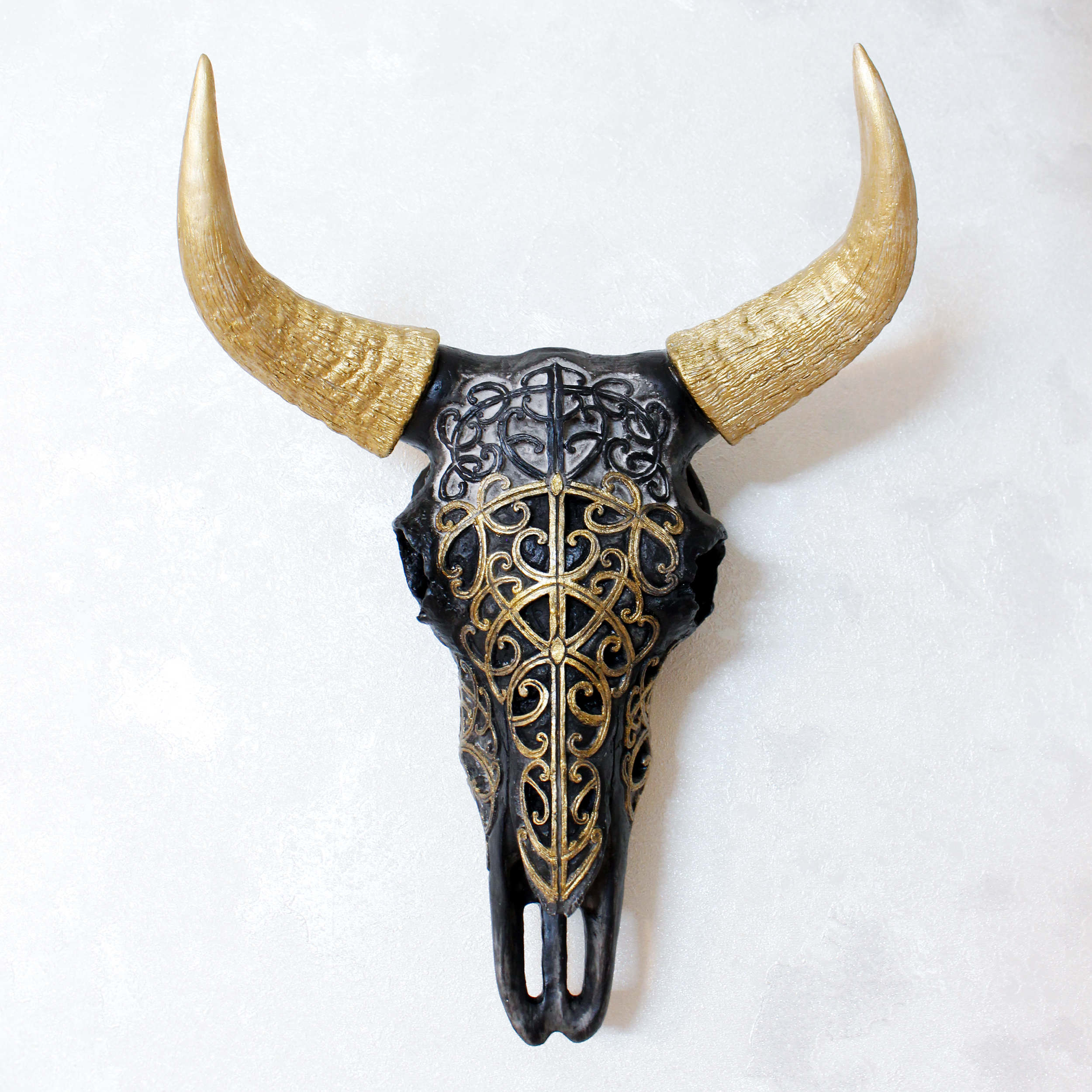 Decorative Bull Skull with Gold Horns Figurine - Western Theme Sculpture