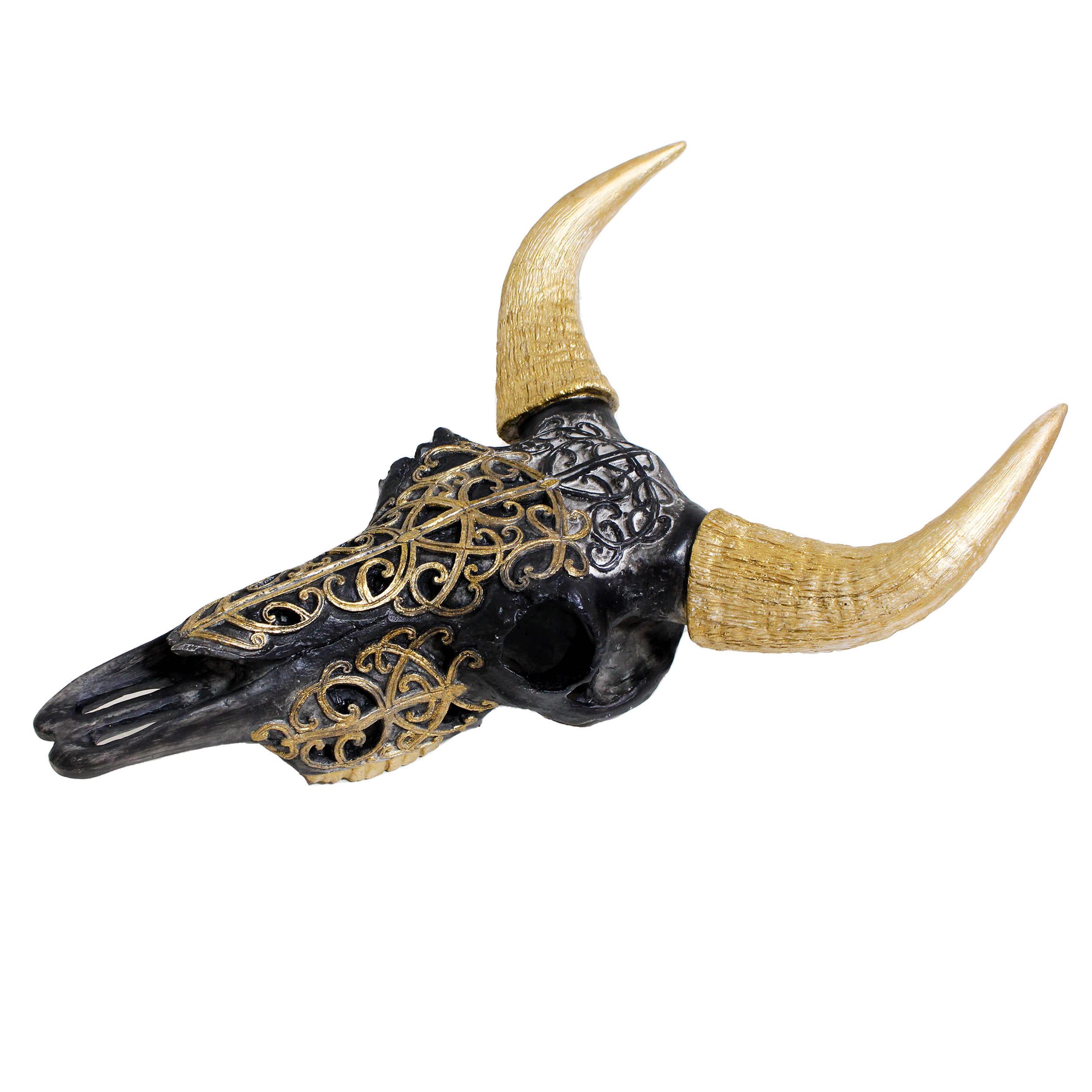 Decorative Bull Skull with Gold Horns Figurine – Western Theme Sculpture