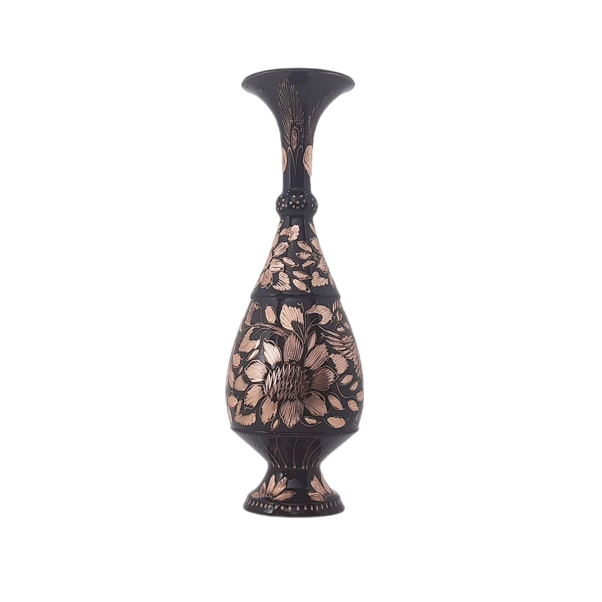 Handcrafted Persian Engraved Copper Vase Decorative with Birds & Flowers Design