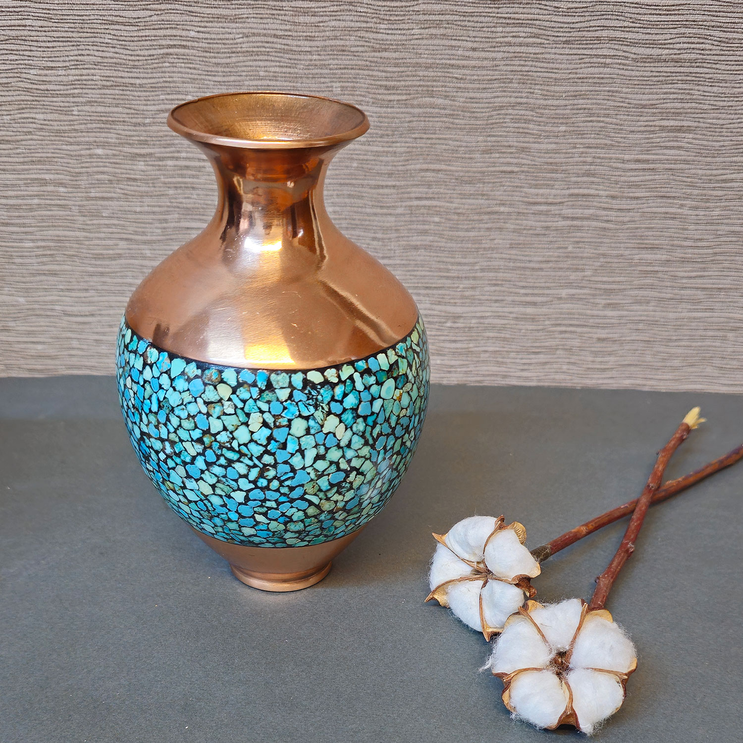 Handcrafted Decorative Persian Inlaid Turquoise Copper Vase Elegance