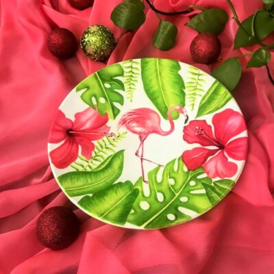 Decorative Pottery Wall Plate Hand-Painted with Flamingo Design