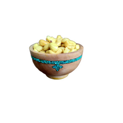 Decorative Wooden Bowl with Turquoise Inlay Artistic Handcrafted