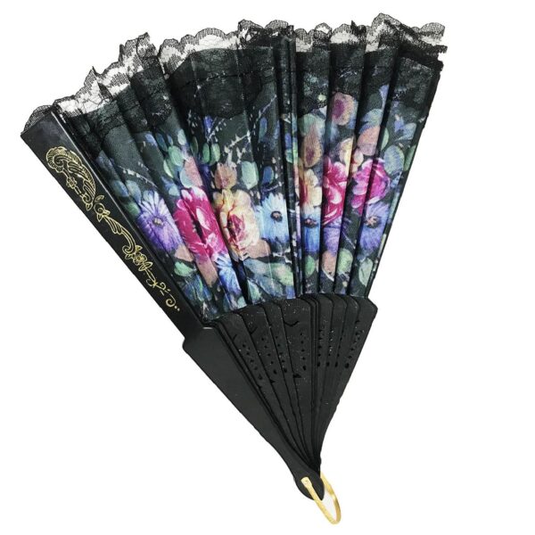 Folding Hand Fan – Foldable Black Floral Design, Wind Model