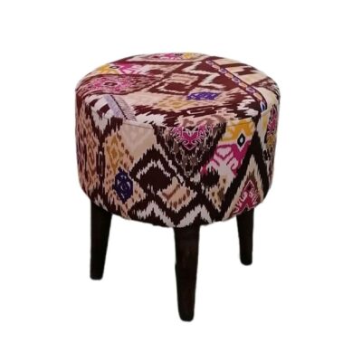 Round Footstool with Wooden Legs Inspired by Persian Art
