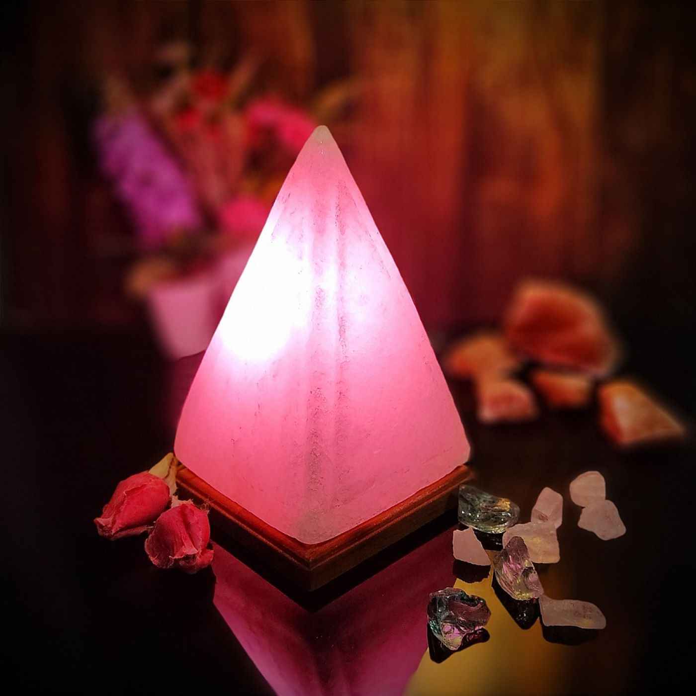 Persian Glow Salt Lamp – Handmade with Wooden Base & Pyramid Design