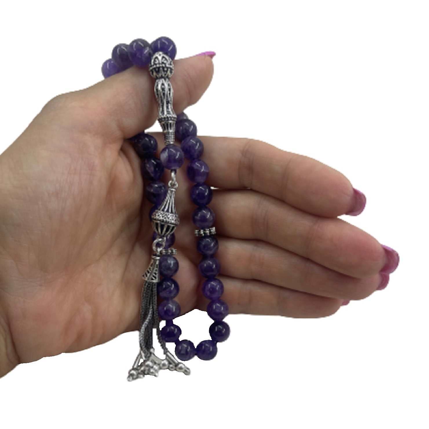 Islamic Amethyst Rosary Crafted with 33 Prayer Beads & Silver Tasbih