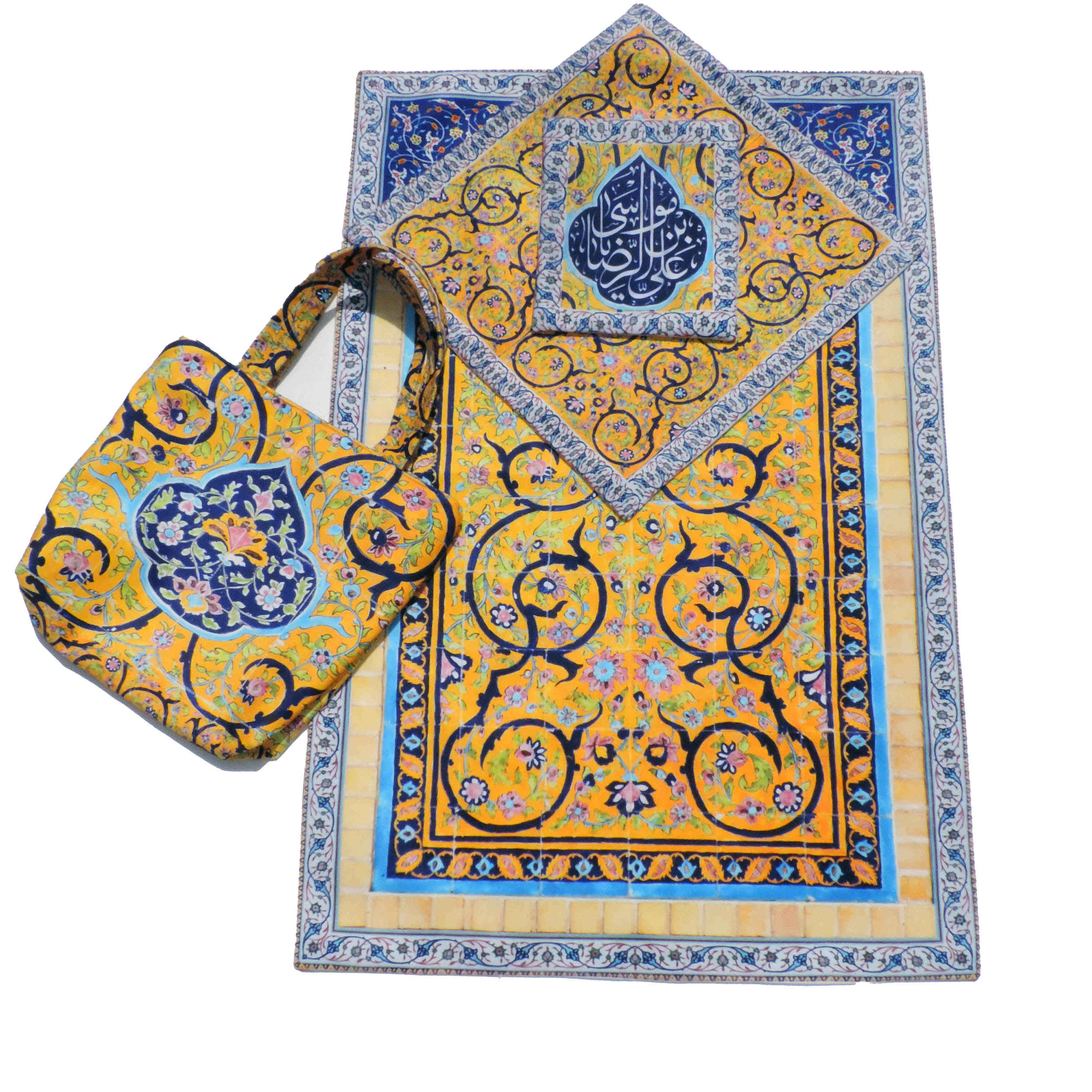 Islamic Velvet Thin Prayer Mat Janamaz with Haram-e Razavi Design