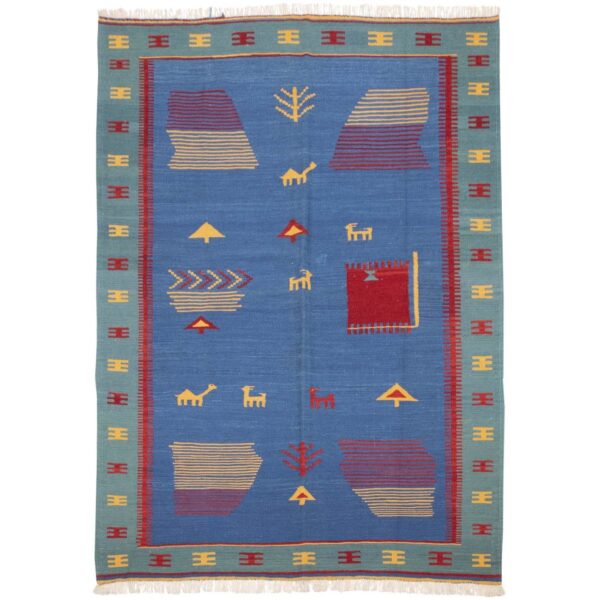 Persian Wool Kilim Rug Handwoven with Bordered Animal Motifs