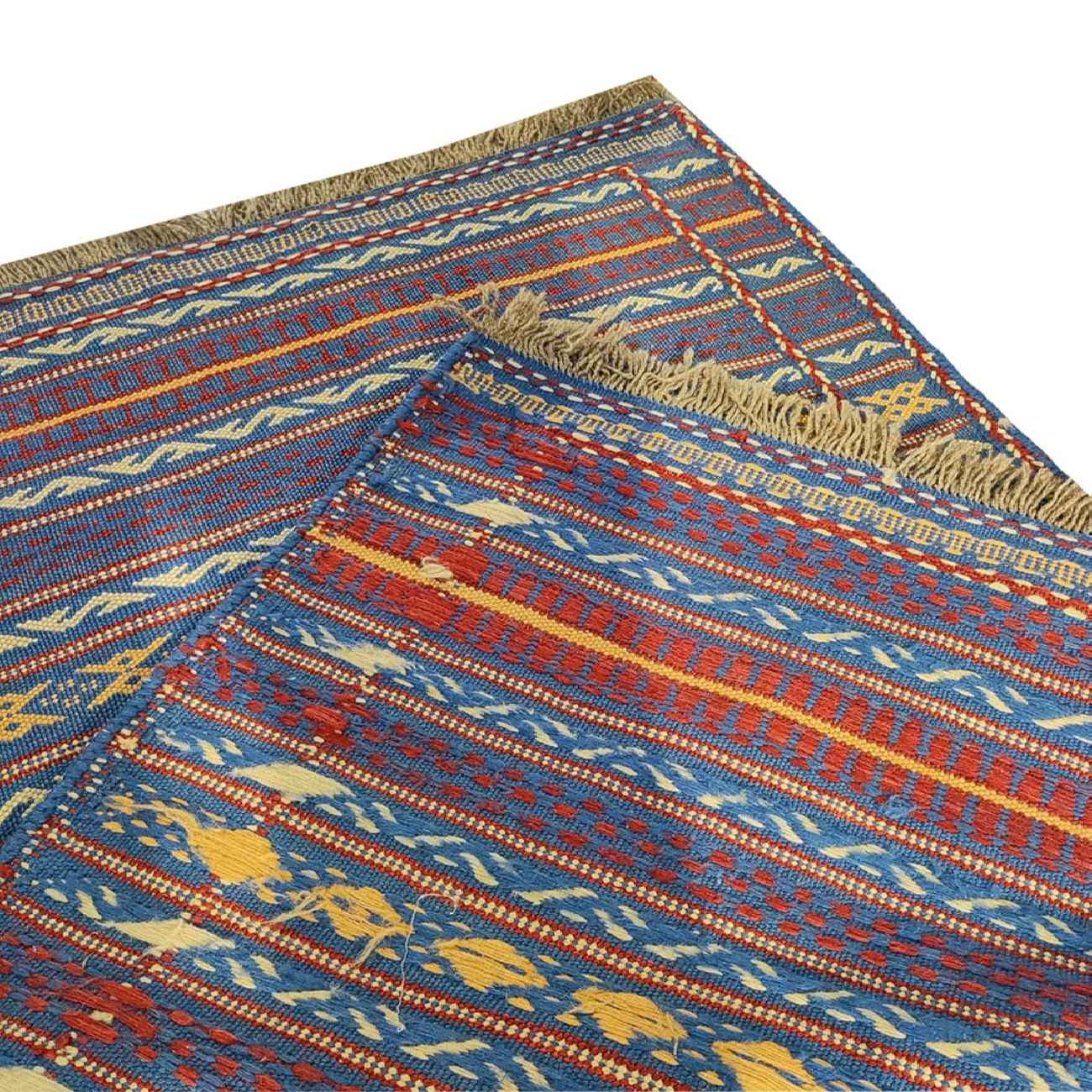 Persian Wool Kilim Rug Handwoven with Striped Blue