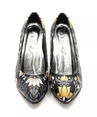 Leather High Heels Shoes for Women Model Winter Flower