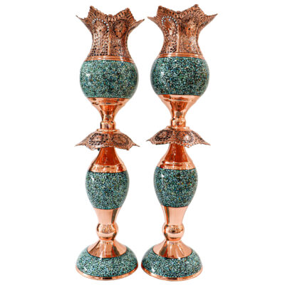 Handcrafted Persian Copper Candlestick – Inlaid Turquoise (2x)