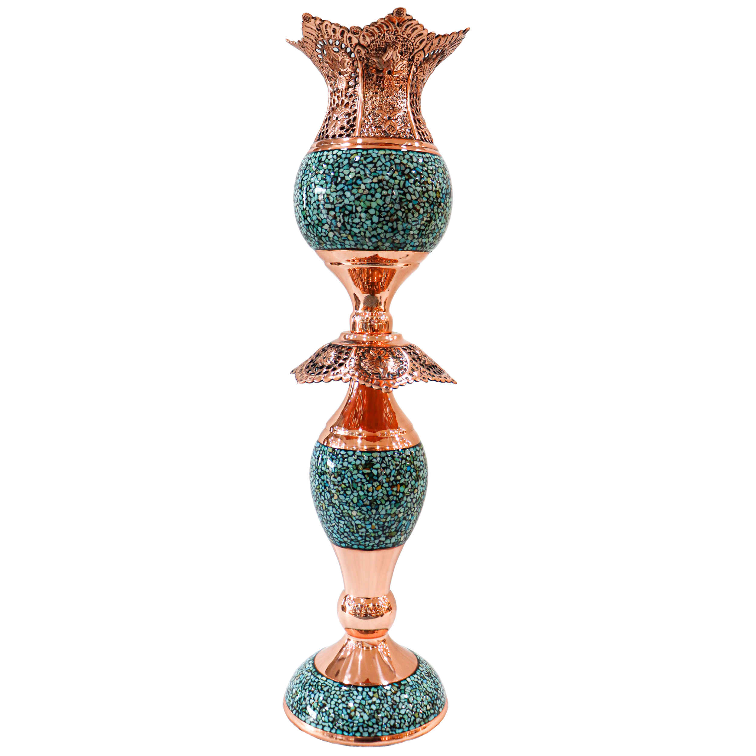 Handcrafted Persian Copper Candlestick – Inlaid Turquoise (2x)