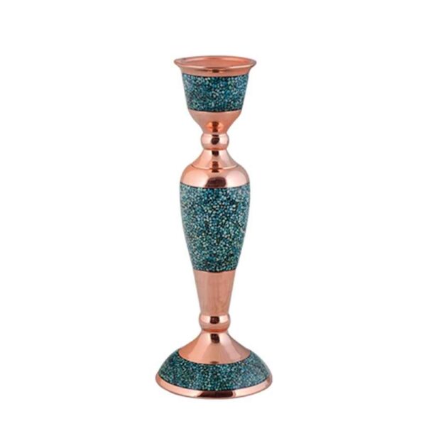 Handcrafted Persian Copper Candlestick - Artistic Turquoise Inlay