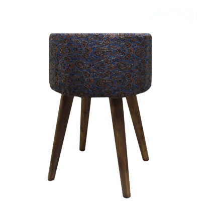 Round Persian Footstool with Wooden Legs and Termeh Fabric Paisley Design
