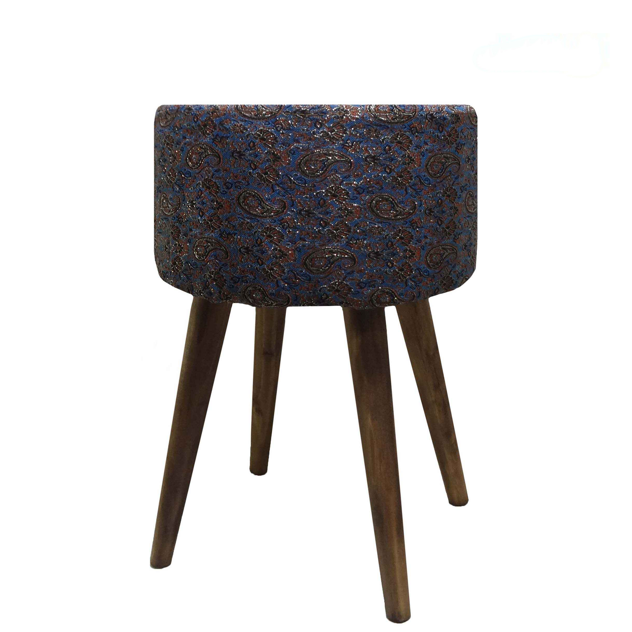 Round Persian Footstool with Wooden Legs and Termeh Fabric Paisley Design