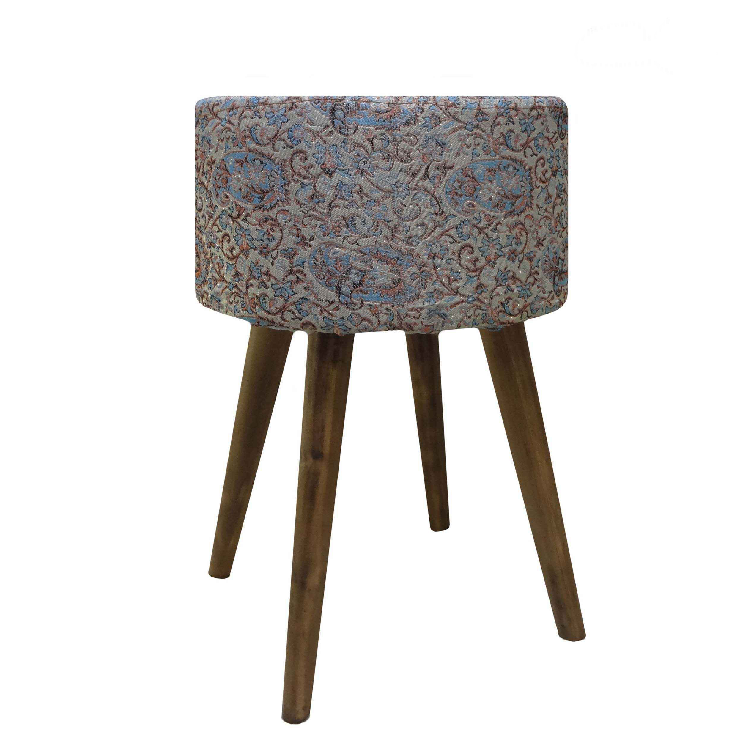 Round Persian Footstool with Wooden Legs and Termeh Fabric Paisley Design
