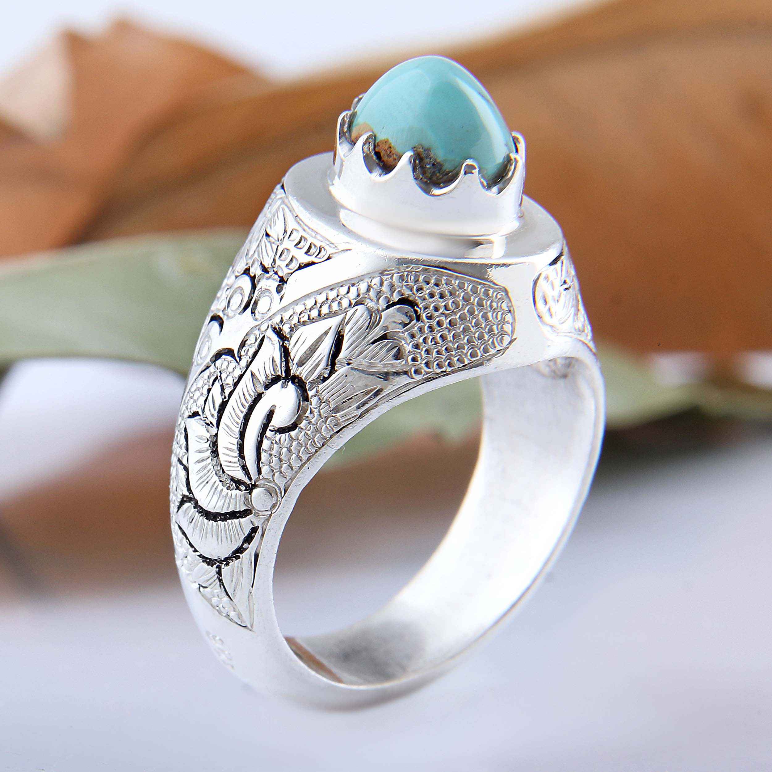 Persian Neyshabur Turquoise Silver Ring Handcrafted for Men