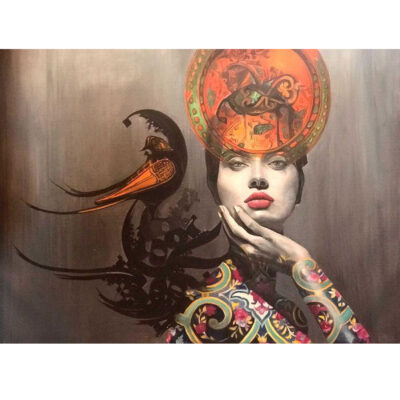 Original Persian Portrait Painting -Oil on Canvas, Girl and Calligraphy