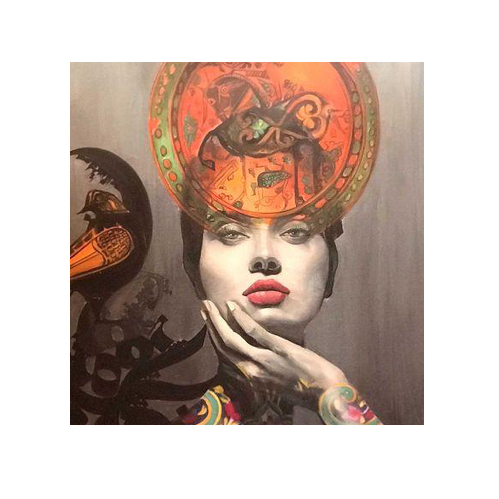 Original Persian Portrait Painting -Oil on Canvas, Girl and Calligraphy