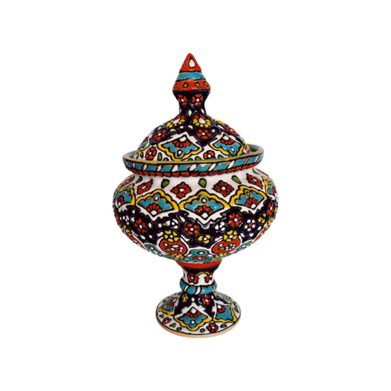 Handcrafted Persian Pottery Sugar Bowl with Lid - Minakari Enameled