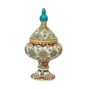 Handcrafted Persian Pottery Sugar Bowl with Lid – Minakari Enameled with Floral Design