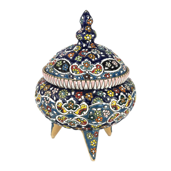 Handcrafted Persian Pottery Sugar Bowl with Lid - Minakari Enameled