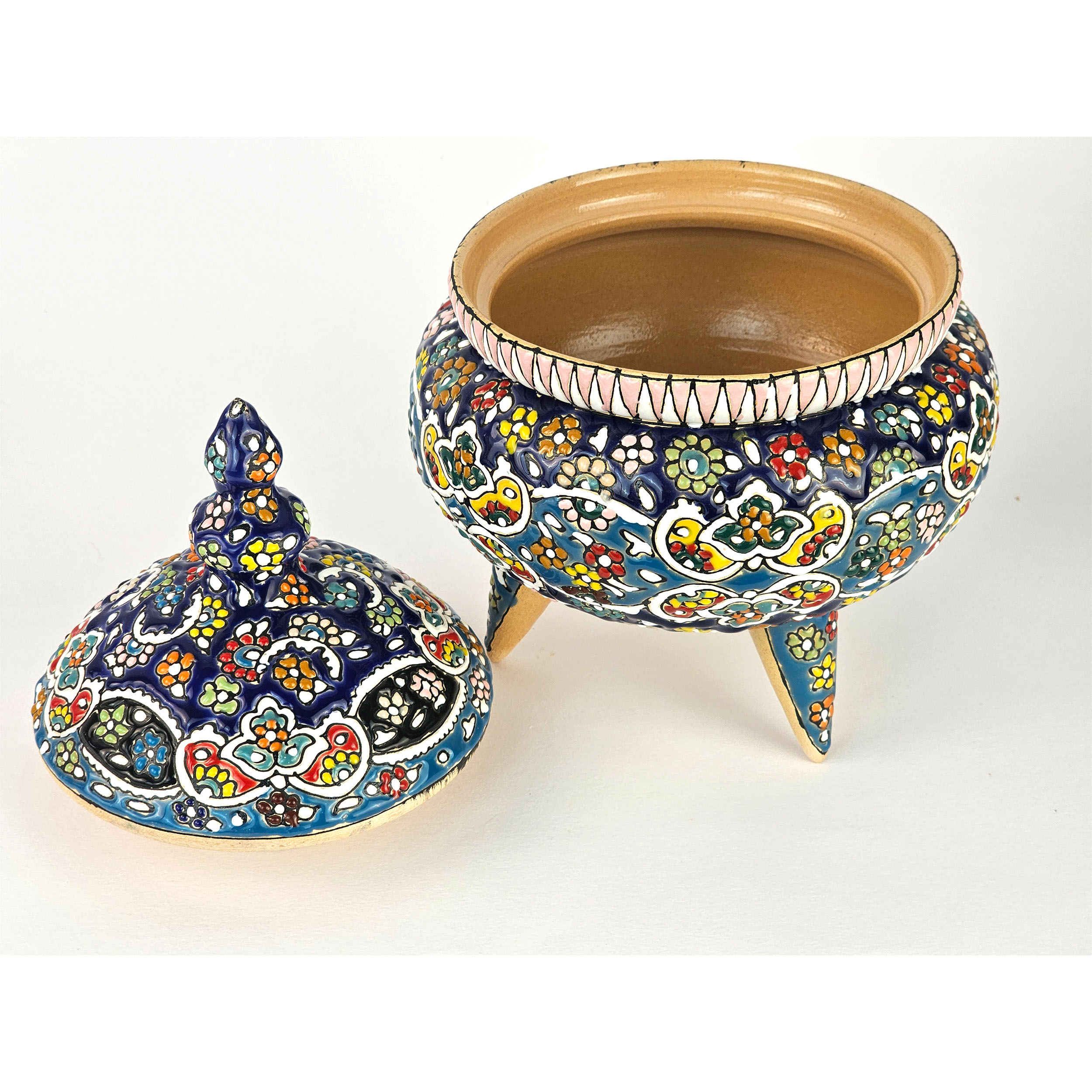 Handcrafted Persian Pottery Sugar Bowl with Lid – Minakari Enameled